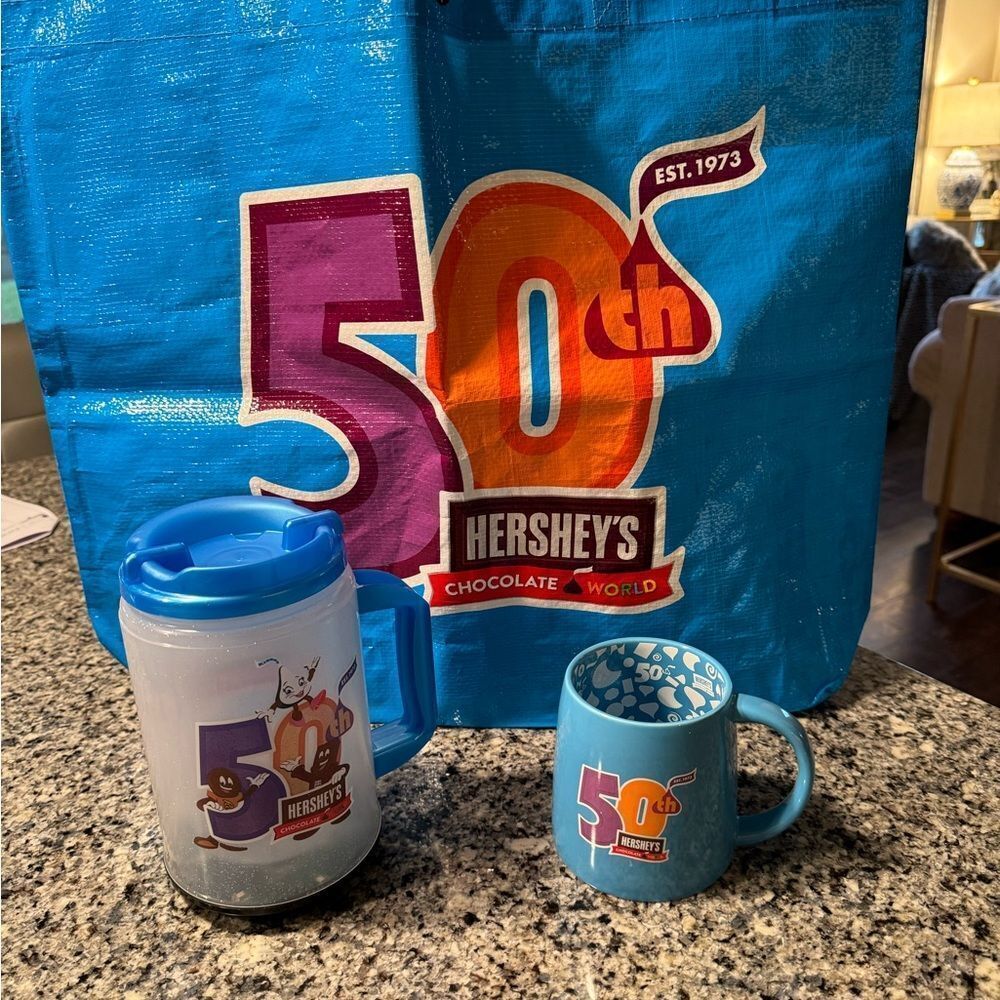 NWT Hershey chocolate world 50th celebration, travel mug, cup, bag